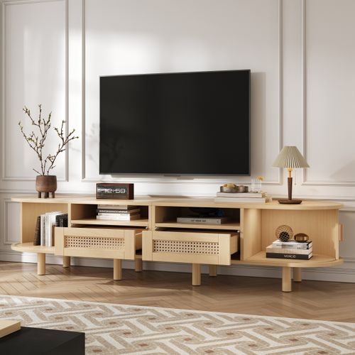 Meuble TV Ovale, 2 Tiroirs, 2 Compartiments Ouverts, Salon, Bois  Et Mdf, Couleur Bois