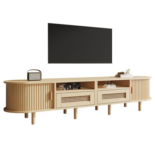 Meuble TV Ovale, 2 Tiroirs, 2 Compartiments Ouverts, Salon, Bois  Et Mdf, Couleur Bois