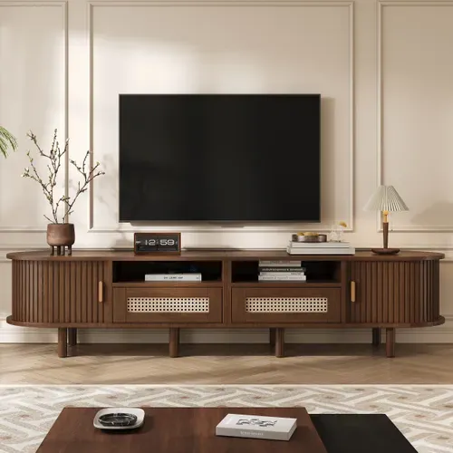 Meuble TV Ovale, Rangement Et Tiroirs, Pour écran Jusqu’à 70", Bois  Et Mdf, Noyer