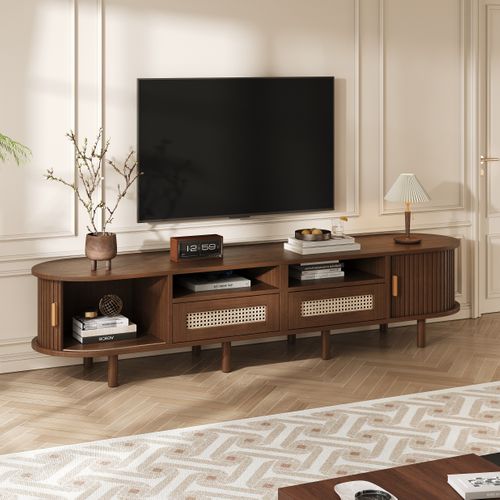 Meuble TV Ovale, Rangement Et Tiroirs, Pour écran Jusqu’à 70", Bois  Et Mdf, Noyer
