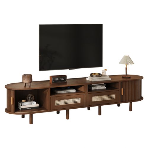 Meuble TV Ovale, Rangement Et Tiroirs, Pour écran Jusqu’à 70", Bois  Et Mdf, Noyer