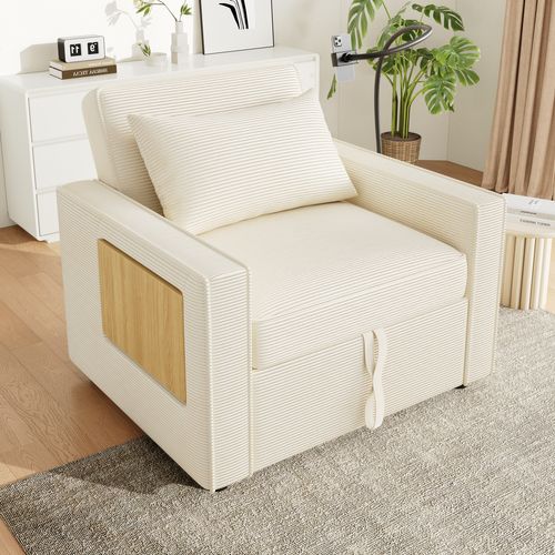 Canapé-lit 1 Place Avec Port USB Et Support Téléphone, Fauteuil Convertible En Velours Côtelé Beige