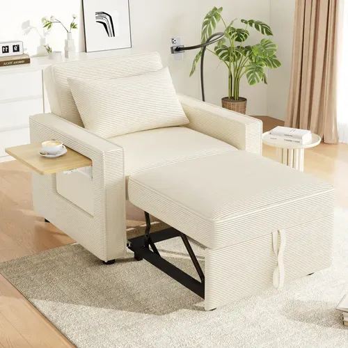 Canapé-lit 1 Place Avec Port USB Et Support Téléphone, Fauteuil Convertible En Velours Côtelé Beige