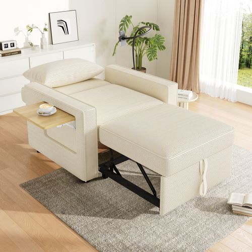 Canapé-lit 1 Place Avec Port USB Et Support Téléphone, Fauteuil Convertible En Velours Côtelé Beige