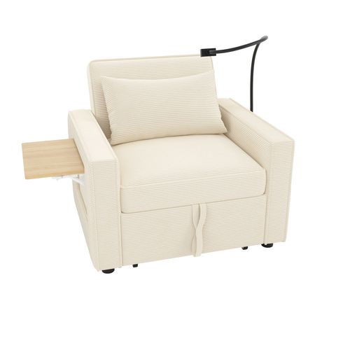Canapé-lit 1 Place Avec Port USB Et Support Téléphone, Fauteuil Convertible En Velours Côtelé Beige