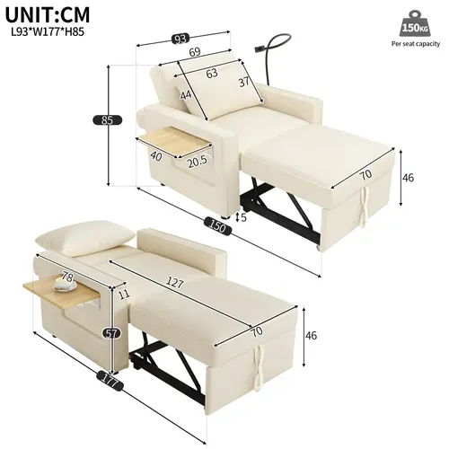 Canapé-lit 1 Place Avec Port USB Et Support Téléphone, Fauteuil Convertible En Velours Côtelé Beige