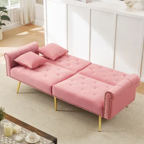 Canapé Convertible Moderne 2 Places, Dossier Inclinable Et Pieds Métal Dorés, En Velours, Rose