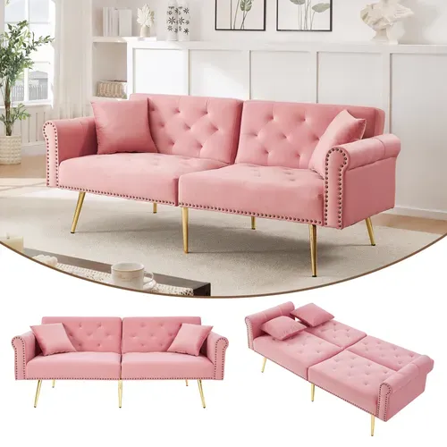 Canapé Convertible Moderne 2 Places, Dossier Inclinable Et Pieds Métal Dorés, En Velours, Rose