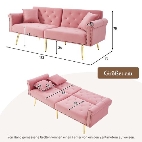 Canapé Convertible Moderne 2 Places, Dossier Inclinable Et Pieds Métal Dorés, En Velours, Rose