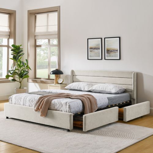 Lit Double 160×200 Cm Capitonné Avec 4 Tiroirs, Montage Facile, Chambre Parentale Ou Invité, Beige