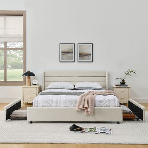 Lit Double 160×200 Cm Capitonné Avec 4 Tiroirs, Montage Facile, Chambre Parentale Ou Invité, Beige