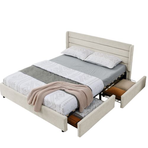 Lit Double 160×200 Cm Capitonné Avec 4 Tiroirs, Montage Facile, Chambre Parentale Ou Invité, Beige