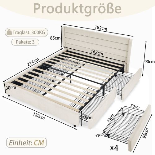 Lit Double 160×200 Cm Capitonné Avec 4 Tiroirs, Montage Facile, Chambre Parentale Ou Invité, Beige
