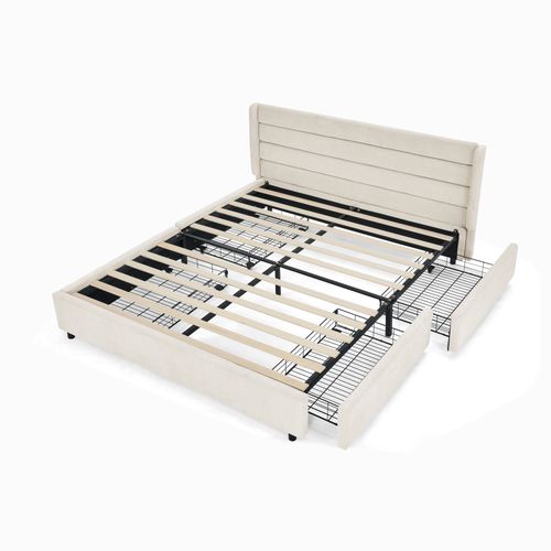 Lit Double 160×200 Cm Capitonné Avec 4 Tiroirs, Montage Facile, Chambre Parentale Ou Invité, Beige