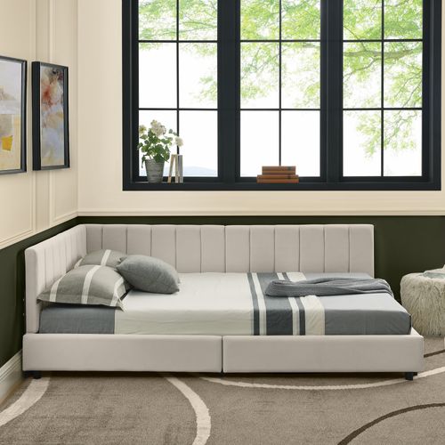 Lit Banquette Double 160×200 Cm Avec Haut Dossier, Confort, Velours Beige