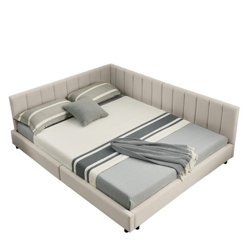 Lit Banquette Double 160×200 Cm Avec Haut Dossier, Confort, Velours Beige