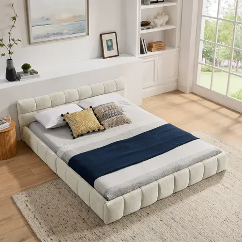 Lit Double 160×200 Cm Capitonné Adulte, Chenille Douce, Cadre Bois Et Métal, Beige