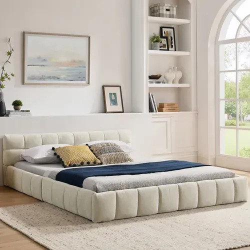 Lit Double 160×200 Cm Capitonné Adulte, Chenille Douce, Cadre Bois Et Métal, Beige