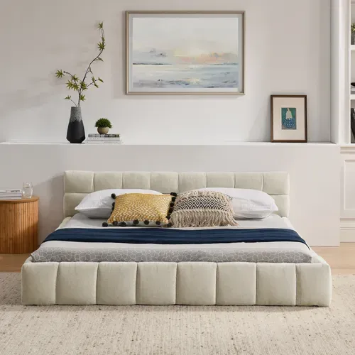 Lit Double 160×200 Cm Capitonné Adulte, Chenille Douce, Cadre Bois Et Métal, Beige