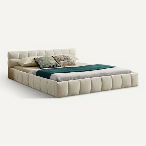 Lit Double 160×200 Cm Capitonné Adulte, Chenille Douce, Cadre Bois Et Métal, Beige