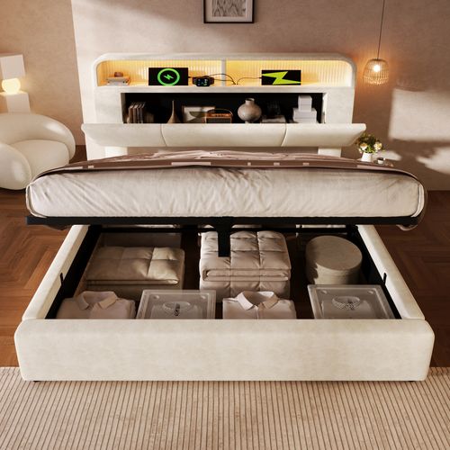 Lit Coffre 140x200 Cm Avec LED Intégrée, USB/type-c, Rangement Hydraulique, Velours Beige