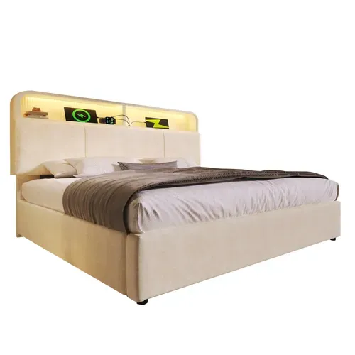 Lit Coffre 140x200 Cm Avec LED Intégrée, USB/type-c, Rangement Hydraulique, Velours Beige