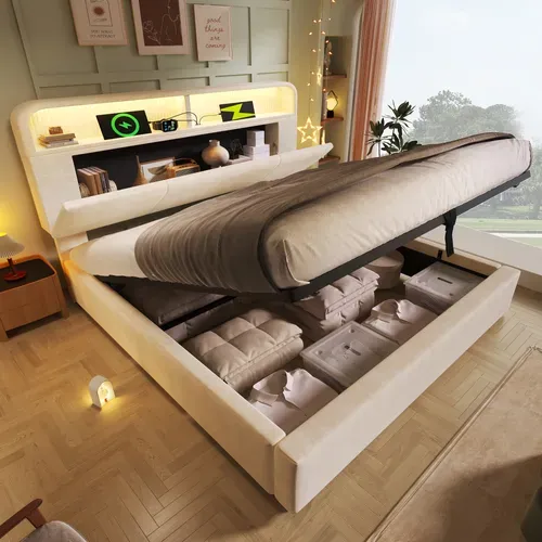 Lit Coffre 140x200 Cm Avec LED Intégrée, USB/type-c, Rangement Hydraulique, Velours Beige