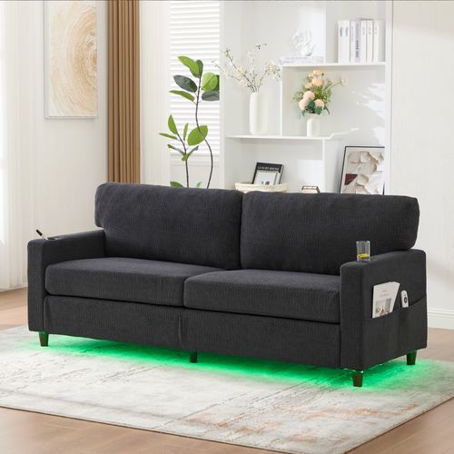 Canapé 2 Places, Coffre De Rangement Et Ports USB - Style Contemporain, Tissu Chenille Gris Foncé