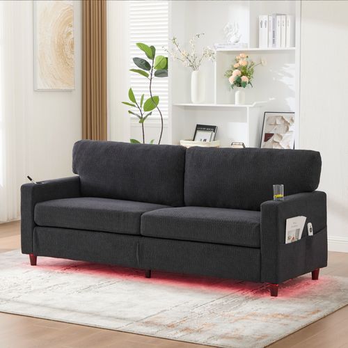 Canapé 2 Places, Coffre De Rangement Et Ports USB - Style Contemporain, Tissu Chenille Gris Foncé