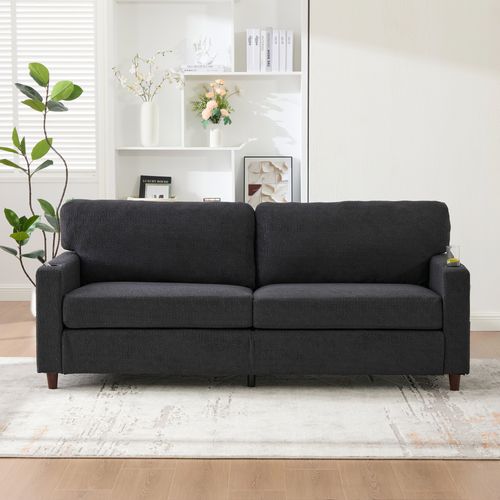 Canapé 2 Places, Coffre De Rangement Et Ports USB - Style Contemporain, Tissu Chenille Gris Foncé