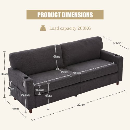 Canapé 2 Places, Coffre De Rangement Et Ports USB - Style Contemporain, Tissu Chenille Gris Foncé