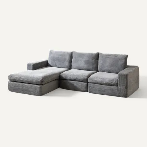 Canapé D’angle 3 Places En L, Méridienne Et 3 Coussins, Sans Assemblage, Velours Côtelé Gris Clair