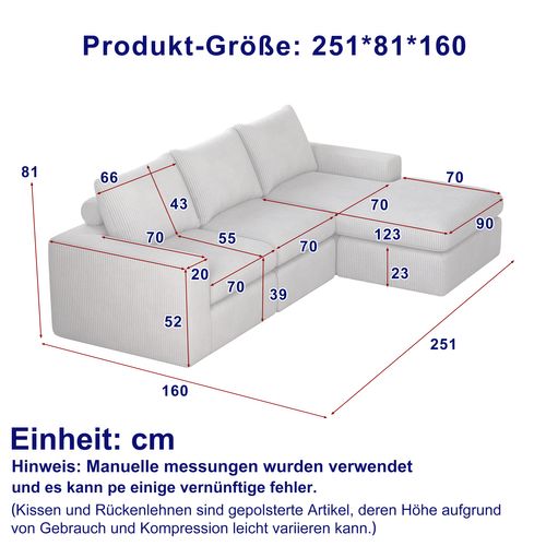 Canapé D’angle 3 Places En L, Méridienne Et 3 Coussins, Sans Assemblage, Velours Côtelé Gris Clair