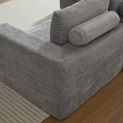 Canapé D’angle 3 Places En L, Méridienne Et 3 Coussins, Sans Assemblage, Velours Côtelé Gris Clair