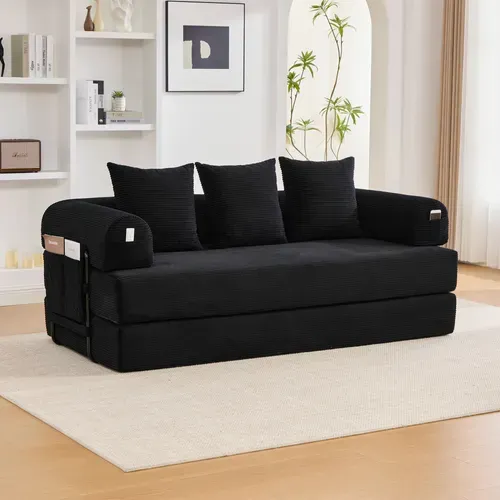 Canapé Convertible 3 Places Avec 3 Coussins Et Poche Latérale - Velours Côtelé Noir