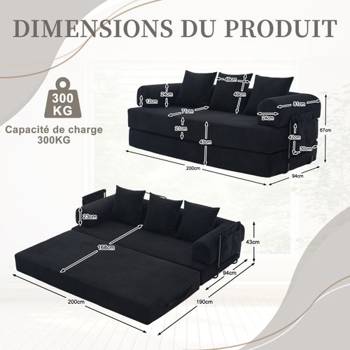 Canapé Convertible 3 Places Avec 3 Coussins Et Poche Latérale - Velours Côtelé Noir