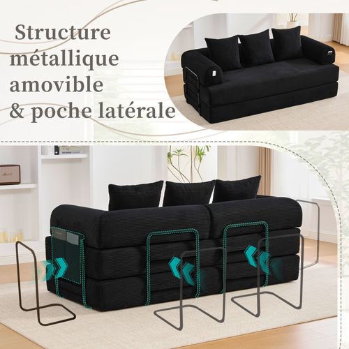 Canapé Convertible 3 Places Avec 3 Coussins Et Poche Latérale - Velours Côtelé Noir