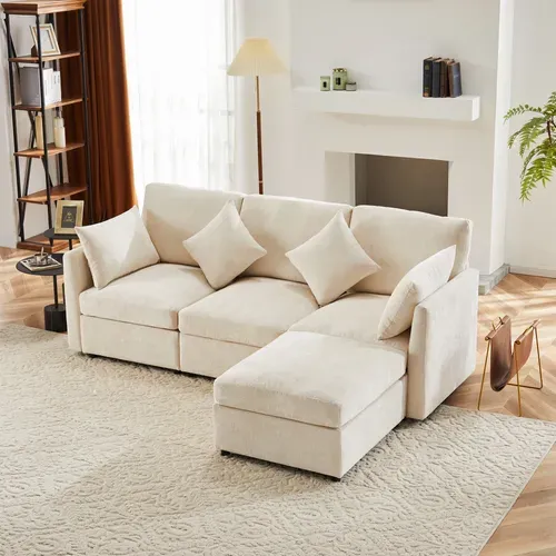 Canapé D'angle Modulable 4 Places En L, Repose-pieds, Style Moderne, Revêtement Chenille - Beige