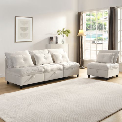 Canapé Modulable 4 Places Convertible Avec Rangement, Fonction Lit Et Coussins Chenille, Blanc