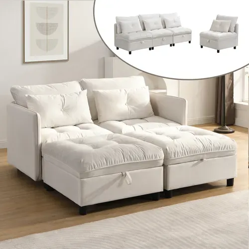 Canapé Modulable 4 Places Convertible Avec Rangement, Fonction Lit Et Coussins Chenille, Blanc