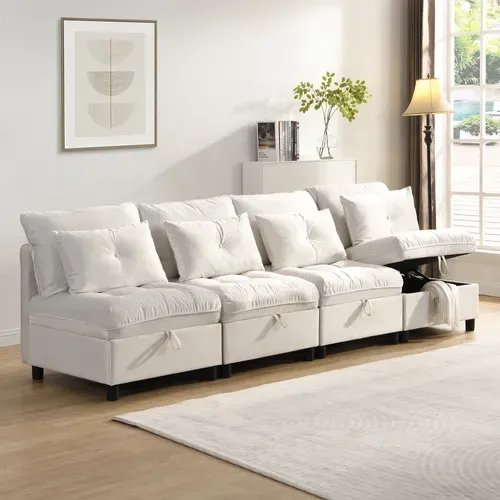 Canapé Modulable 4 Places Convertible Avec Rangement, Fonction Lit Et Coussins Chenille, Blanc