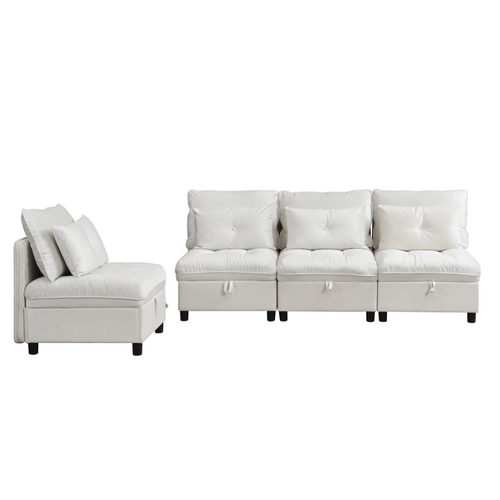 Canapé Modulable 4 Places Convertible Avec Rangement, Fonction Lit Et Coussins Chenille, Blanc