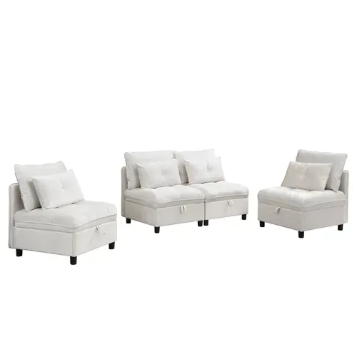 Canapé Modulable 4 Places Convertible Avec Rangement, Fonction Lit Et Coussins Chenille, Blanc