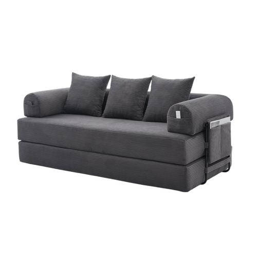 Canapé Convertible 3 Places Avec 3 Coussins Et Poche Latérale - Velours Côtelé Gris Foncé
