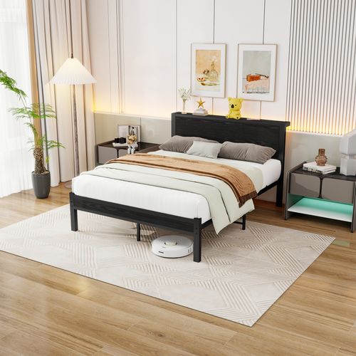 Lit Double 140x200 Cm - Style Minimaliste Avec Structure Métal Mdf - Noir