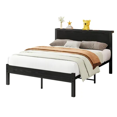 Lit Double 140x200 Cm - Style Minimaliste Avec Structure Métal Mdf - Noir