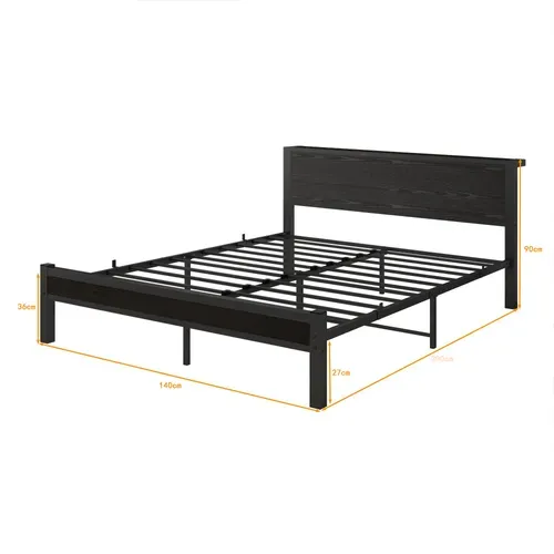 Lit Double 140x200 Cm - Style Minimaliste Avec Structure Métal Mdf - Noir