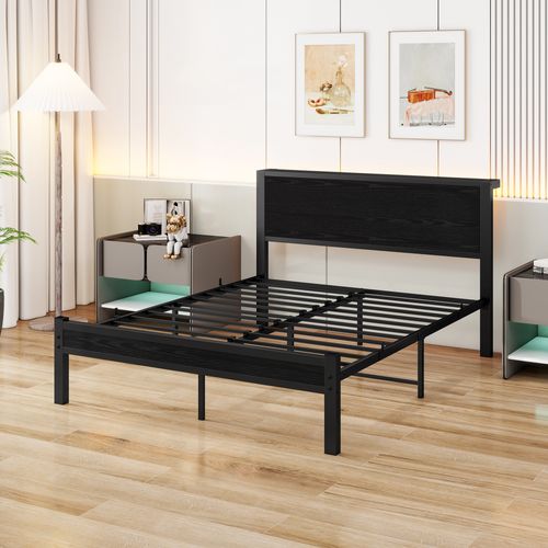 Lit Double 140x200 Cm - Style Minimaliste Avec Structure Métal Mdf - Noir