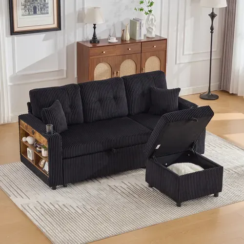Canapé Convertible 3 Places, Rangement, LED, USB-c, Porte-gobelet, Velours Côtelé, Noir