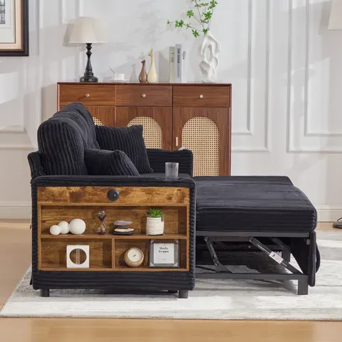 Canapé Convertible 3 Places, Rangement, LED, USB-c, Porte-gobelet, Velours Côtelé, Noir